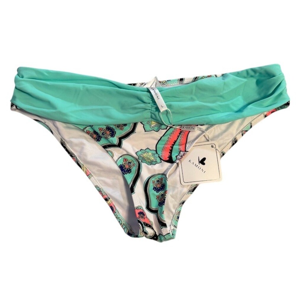 Kamoni Bikini Bottom Womens Size 7 Aqua Paisley Foldover Waist Hipster